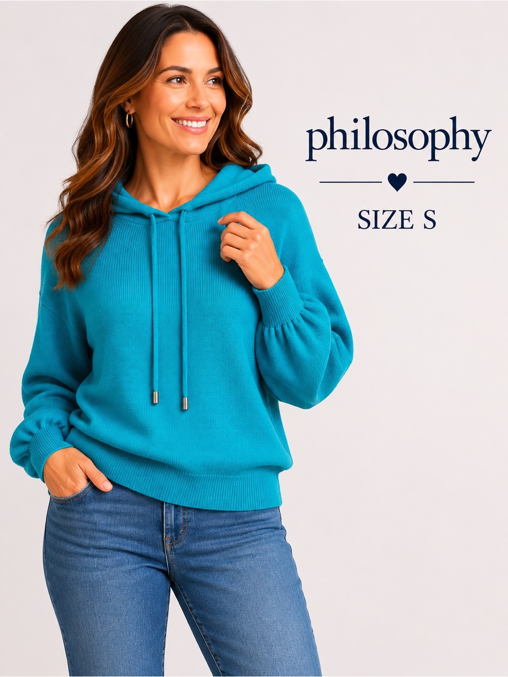Philosophy Teal Hooded Sweater Size S Soft Knit Hoodie Pullover